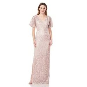 JS Collections Blush Floral Lace Flutter Sleeve V-Neck Gown Dress Size 6 NEW